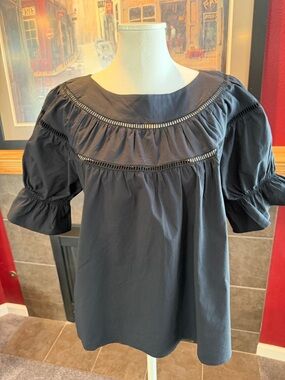 Ann Taylor Black Ruffle-Trim Cotton Blend Blouse